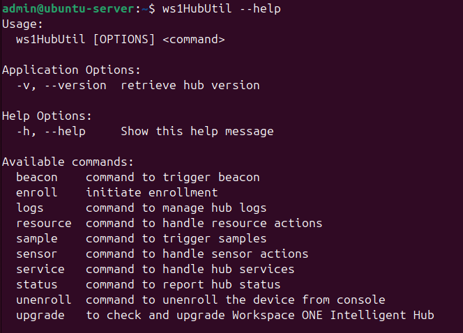 ws1HubUtil available command options.