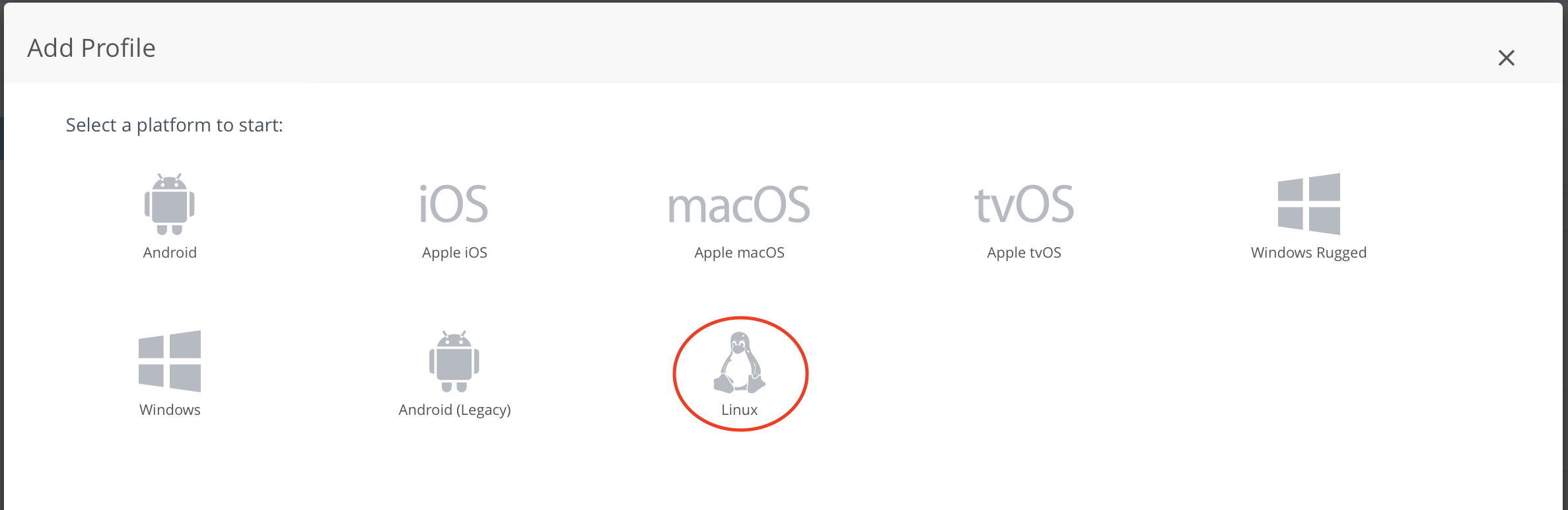 The Add Profile screen shows the Linux icon.