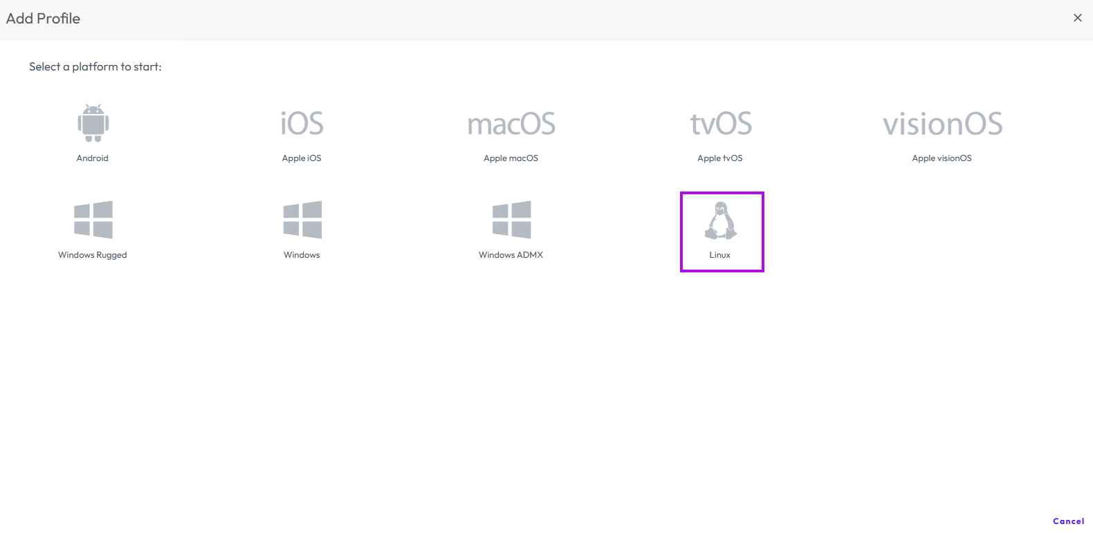 The Add Profile screen shows the Linux icon.