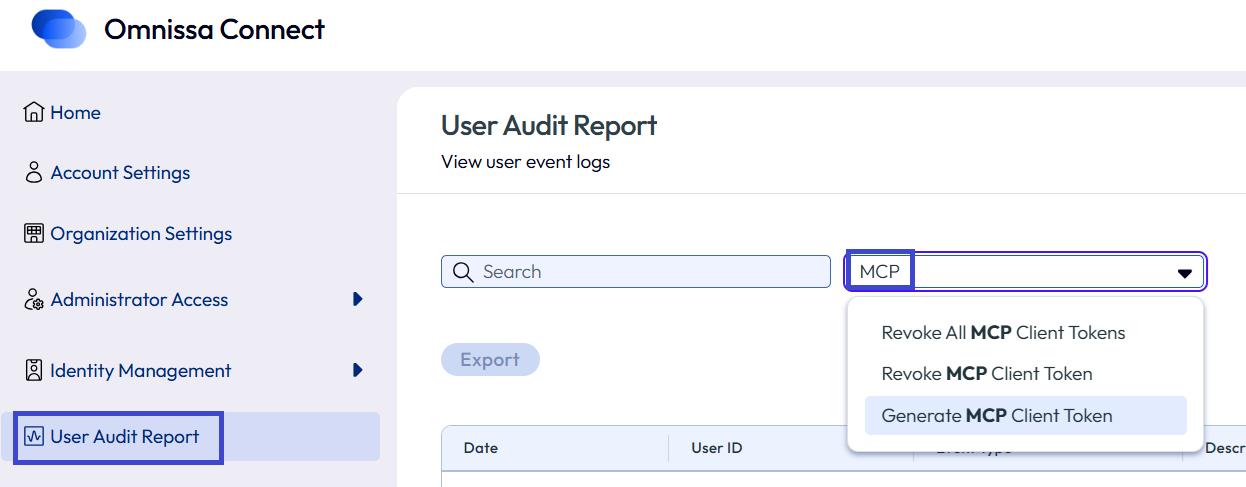 Find audit logs for the MCP Server in Omnissa Connect in the User Audit Report area.