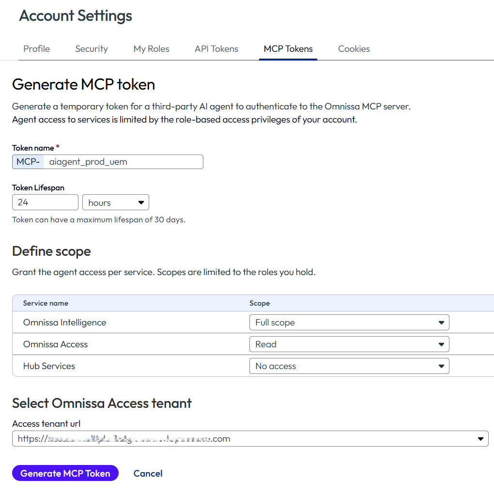 You can generate and revoke MCP tokens from the MCP Tokens tab in your Omnissa Connect Account Settings.