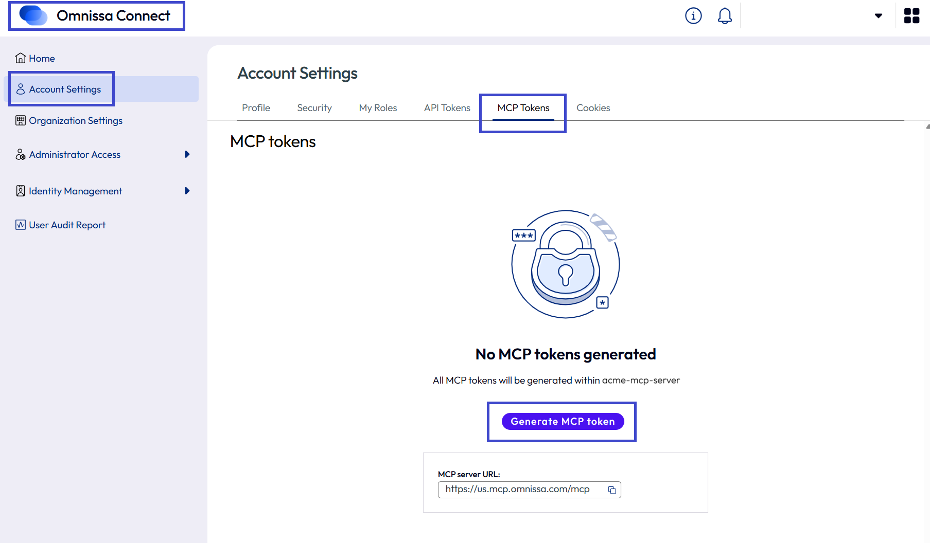 Generate your MCP server token in Omnissa Connect, in the Account Settings area.