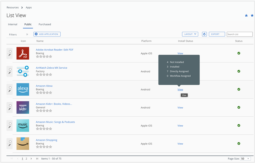 Quick deployment summary view of the apps in the App List View page is shown. 