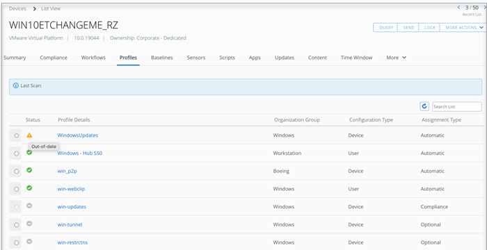 Profiles list view page from the UEM console is shown