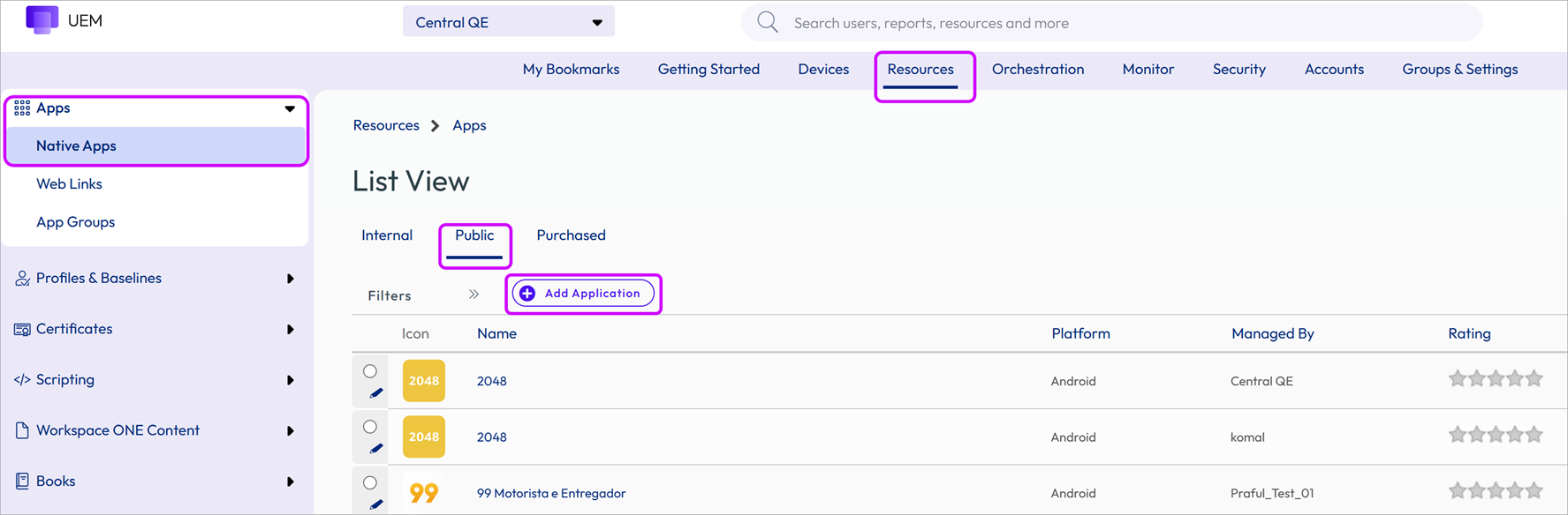 The UEM console page where a public app can be added is shown