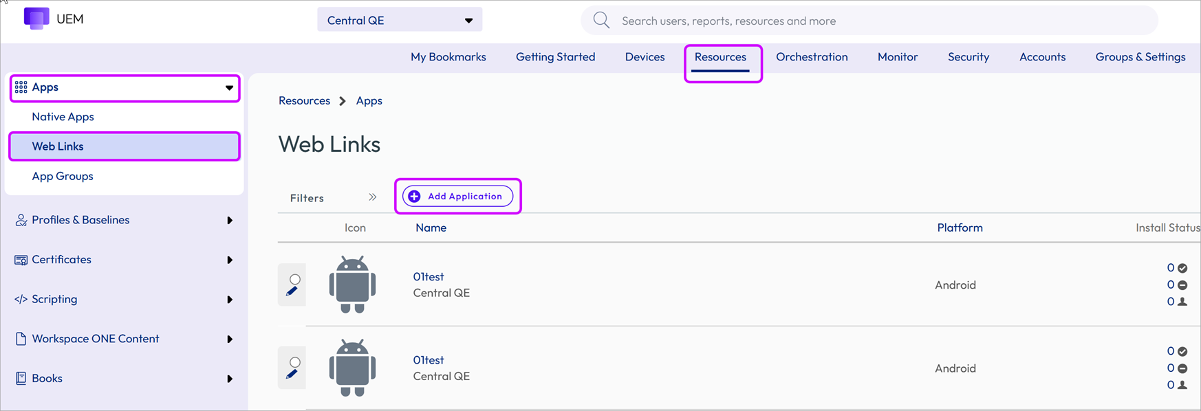 The UEM console page where a web app can be added is shown