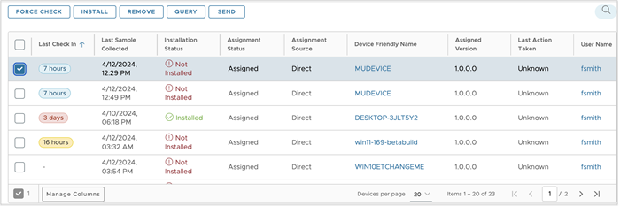 Device grid displayed for the devices that are evaluated