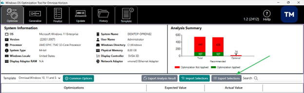 Location of the Export Selections button