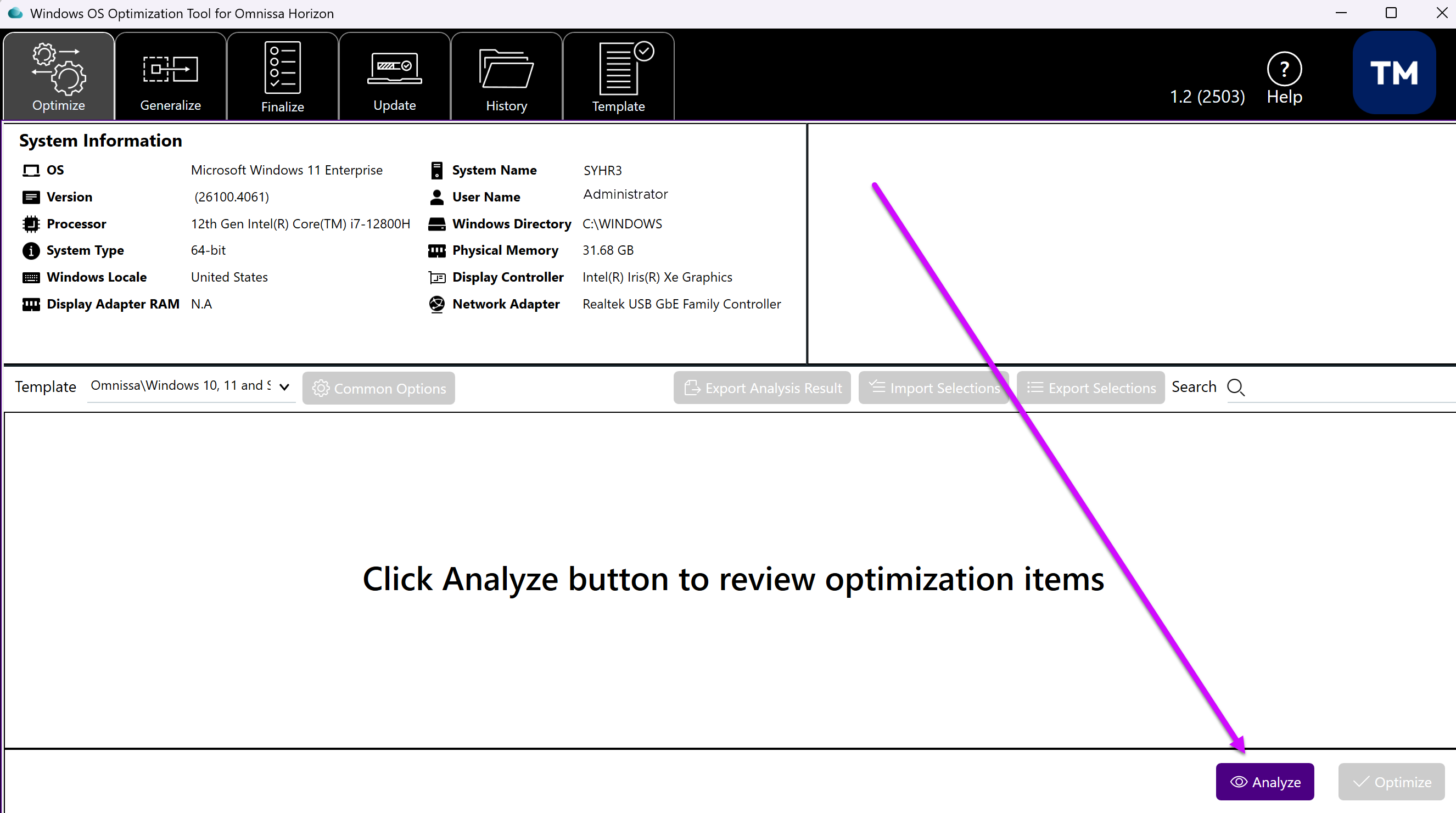 Location of the Analyze button Location of the Analyze button