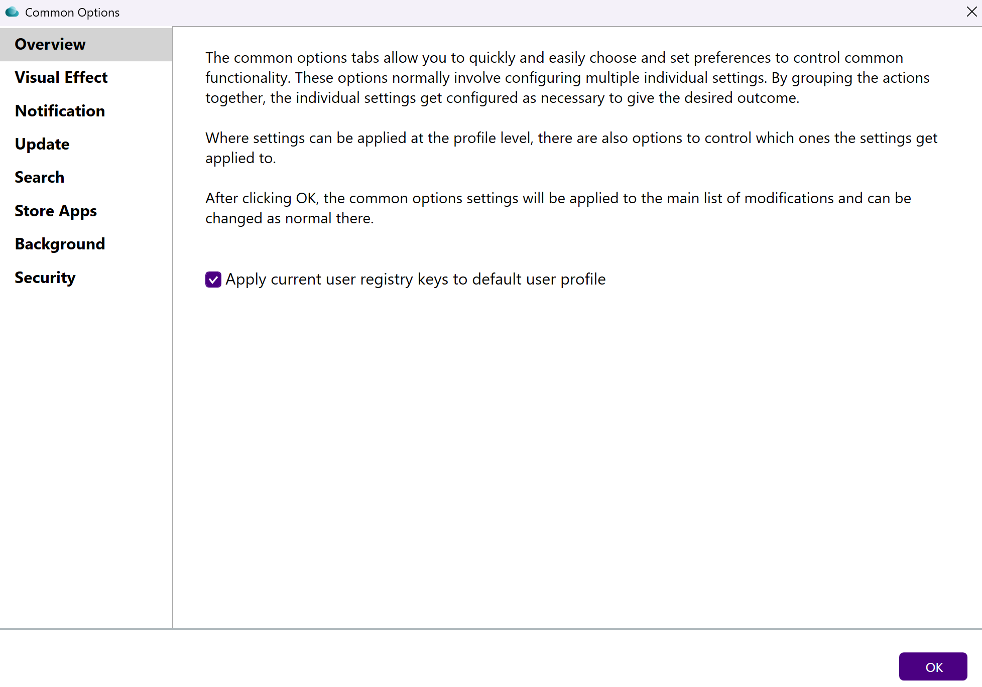 Common Options window Common Options window