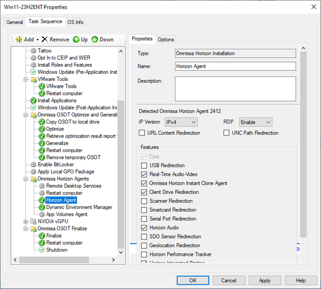 Change the selections of Horizon Agent features in MDT
