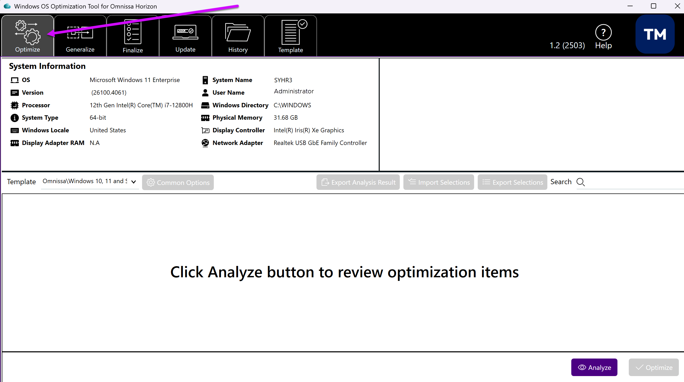 Optimize tab with an arrow pointing at it Optimize tab with an arrow pointing at it