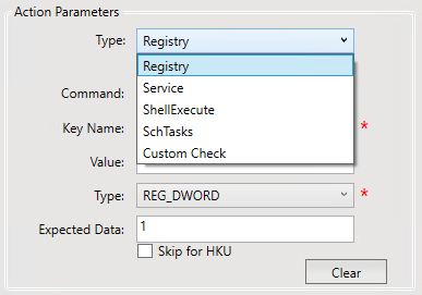 Action parameters for a registry step Action parameters for a registry step