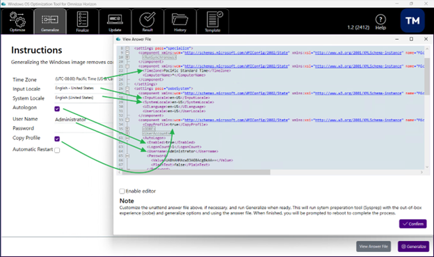 Viewing the unattend answer file in the OSOT UI