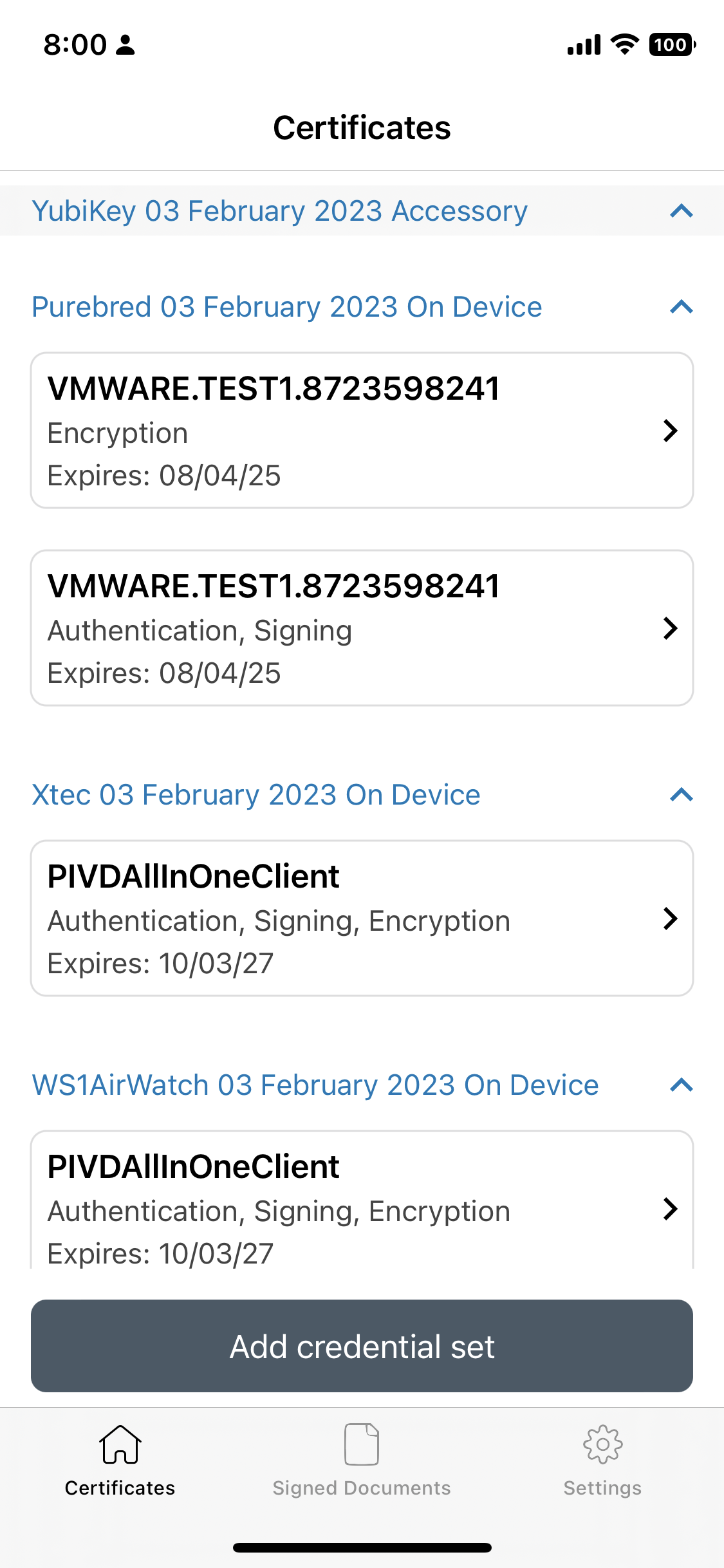 Certificates screen showing multiple providers and accessories selected.