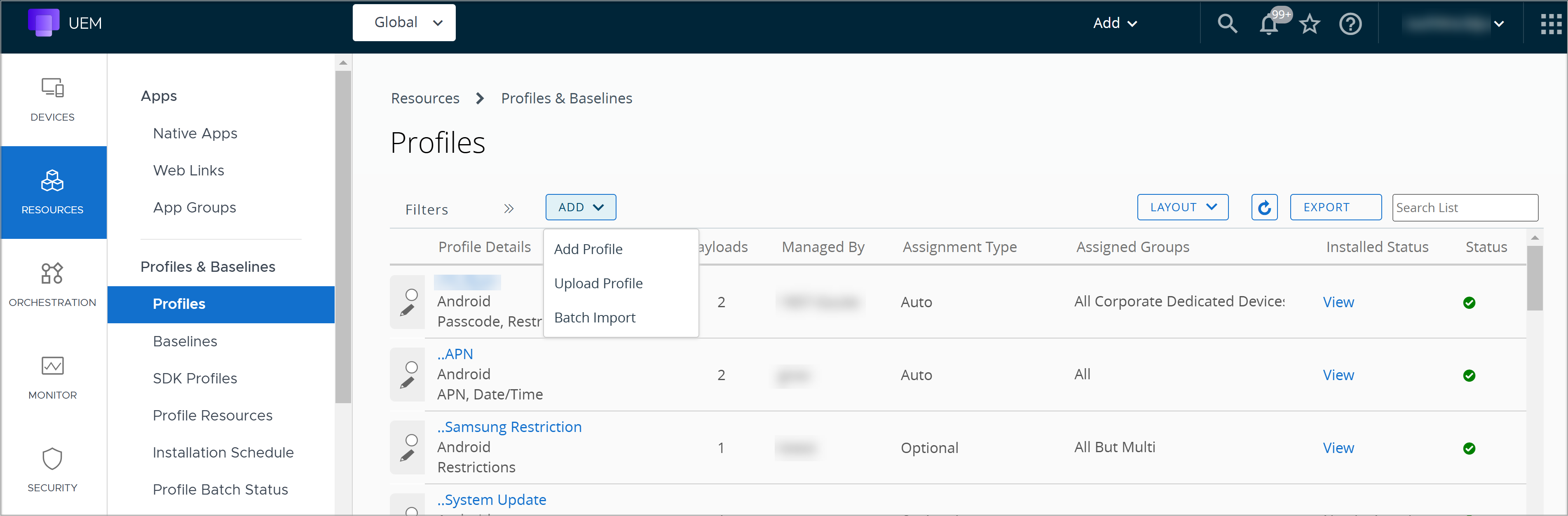 Navigation path to add a profile on the UEM console is shown.
