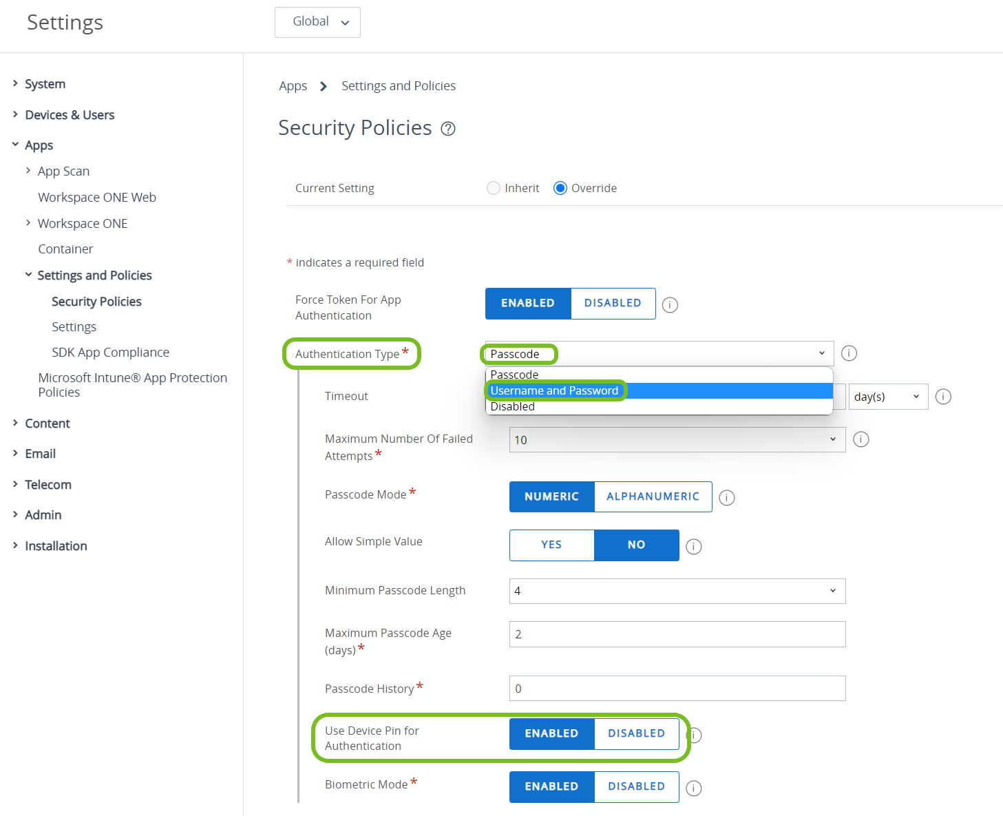 If you set RDP in the default SDK profile, use the Authentication Type Security Policy to activate Use Device Pin for Authentication.