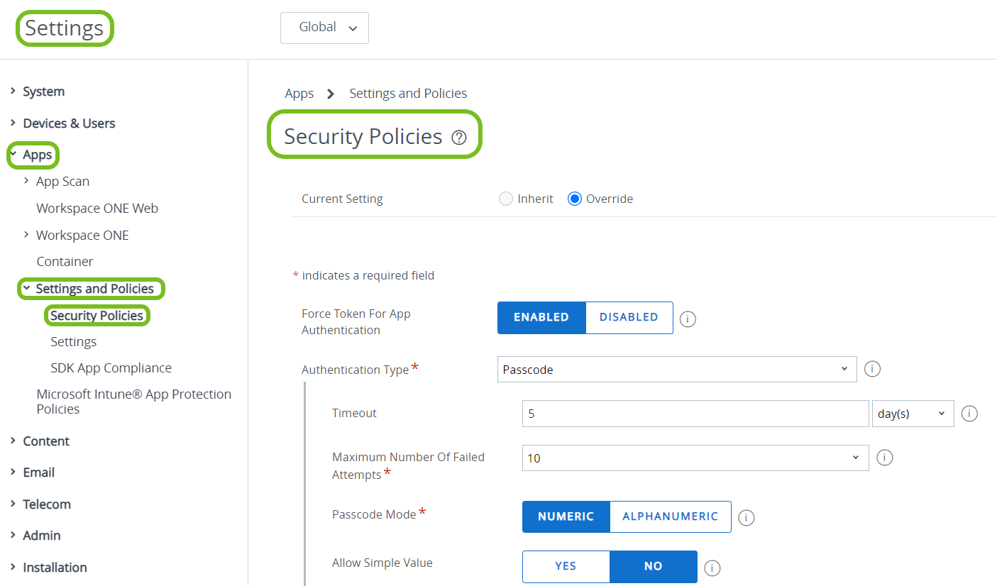 In the default SDK profiles in Security Policies, control how app users authenticate to and securely access apps.