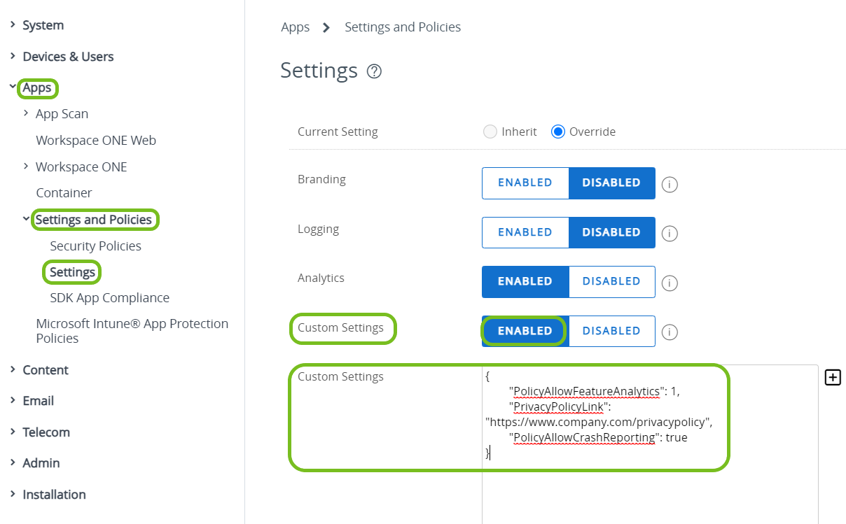 Activate the custom settings and enter your custom code to configure data collection for your SDK apps.