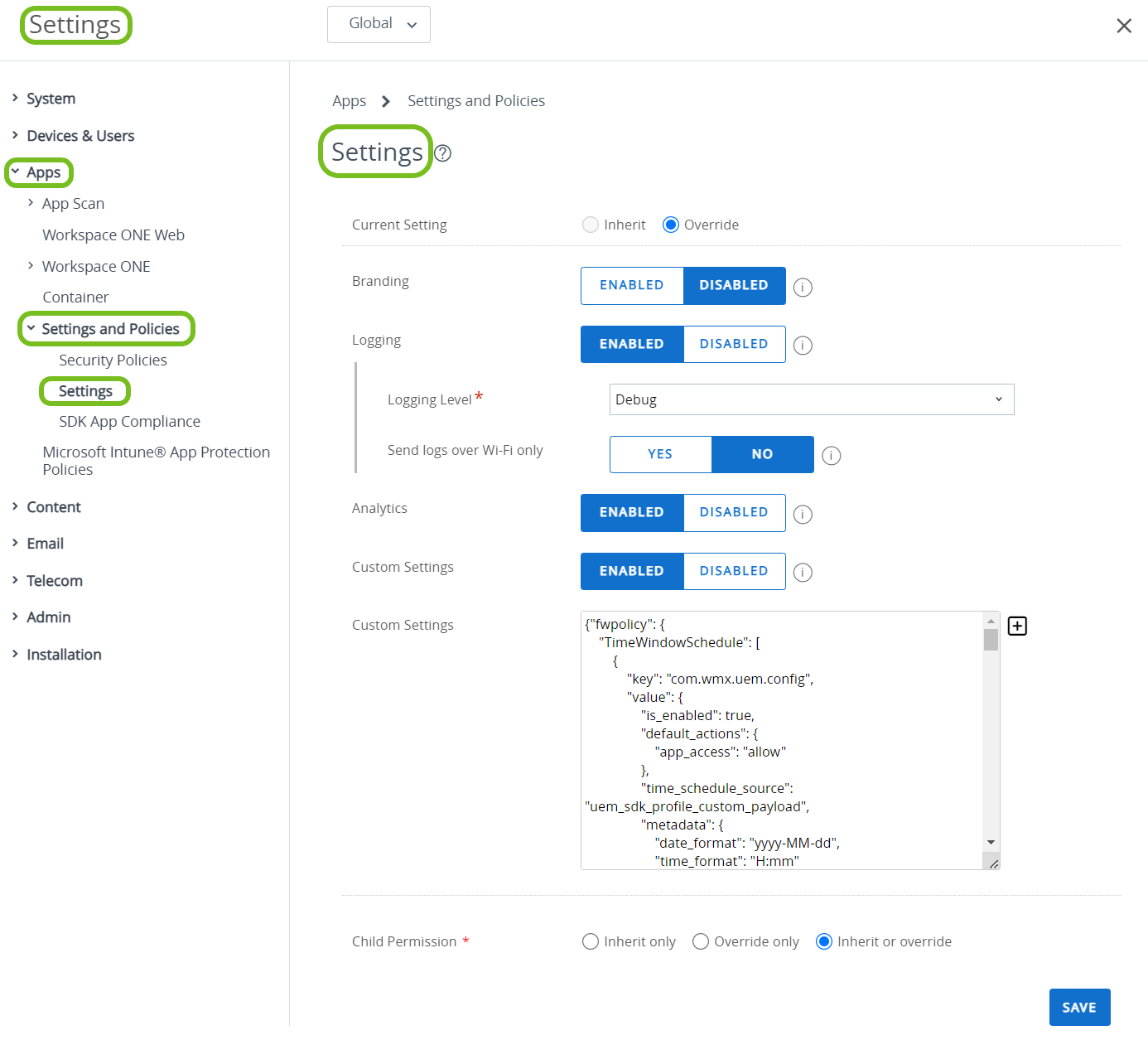 The default SDK policies for Settings control branding, logging, analytics, and custom settings.