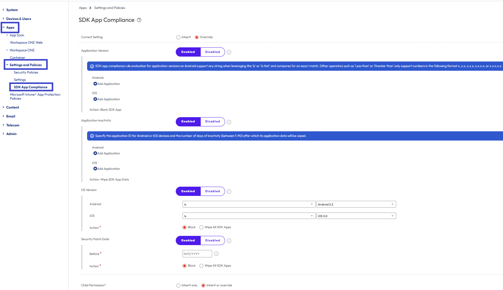 SDK App Compliance settings in the default SDK profile help to control app compliance for devices not using and MDM profile.