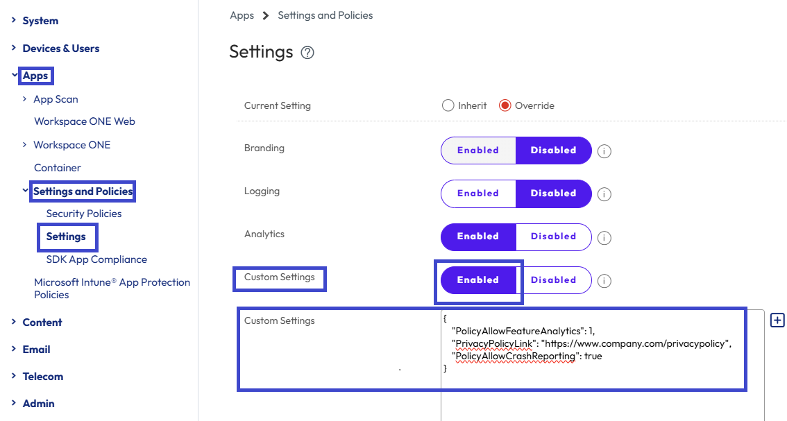 Activate the custom settings and enter your custom code to configure data collection for your SDK apps.