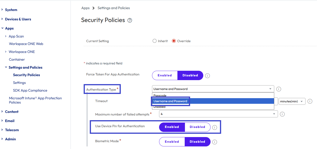 If you set RDP in the default SDK profile, use the Authentication Type Security Policy to activate Use Device Pin for Authentication.