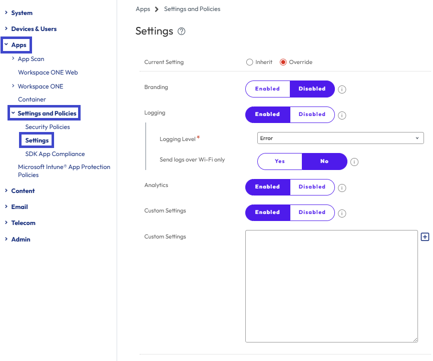 The default SDK policies for Settings control branding, logging, analytics, and custom settings.