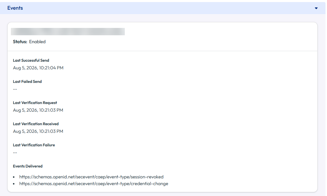 "The Events section for a source, showing stream status and delivery details."