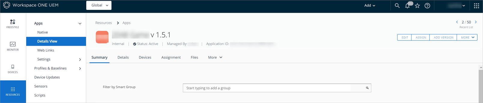 Setting to add a new app version on the Workspace ONE UEM console is shown.