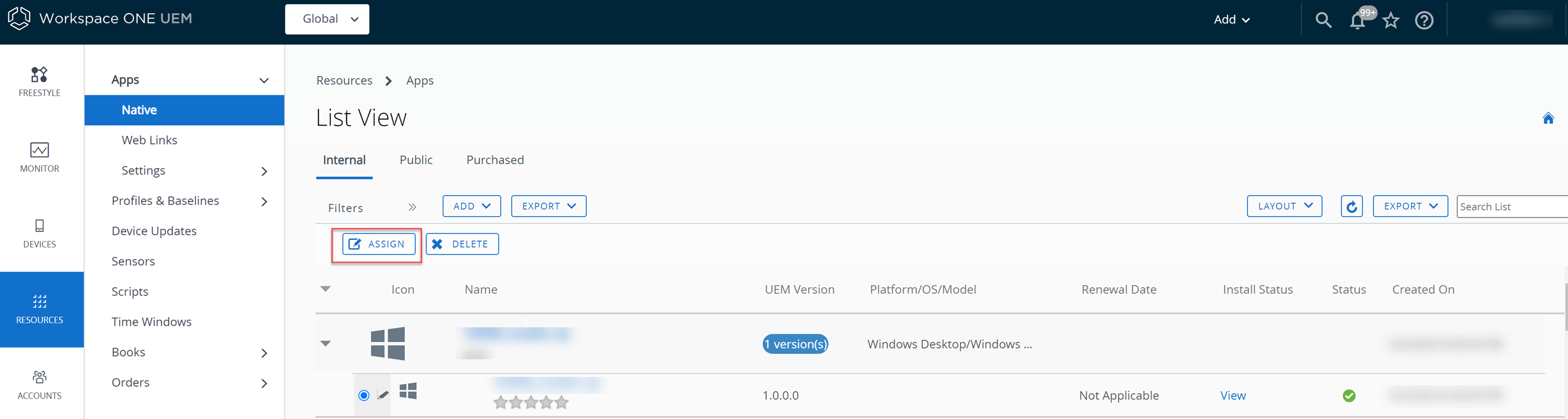 Assign option on the UEM console is shown. Assign option on the UEM console is shown.