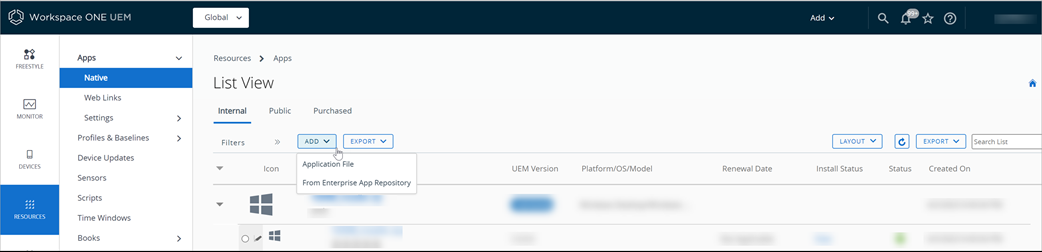 Navigation path to select and add a Windows app from an enterprise app repository on the Workspace ONE UEM console is shown.