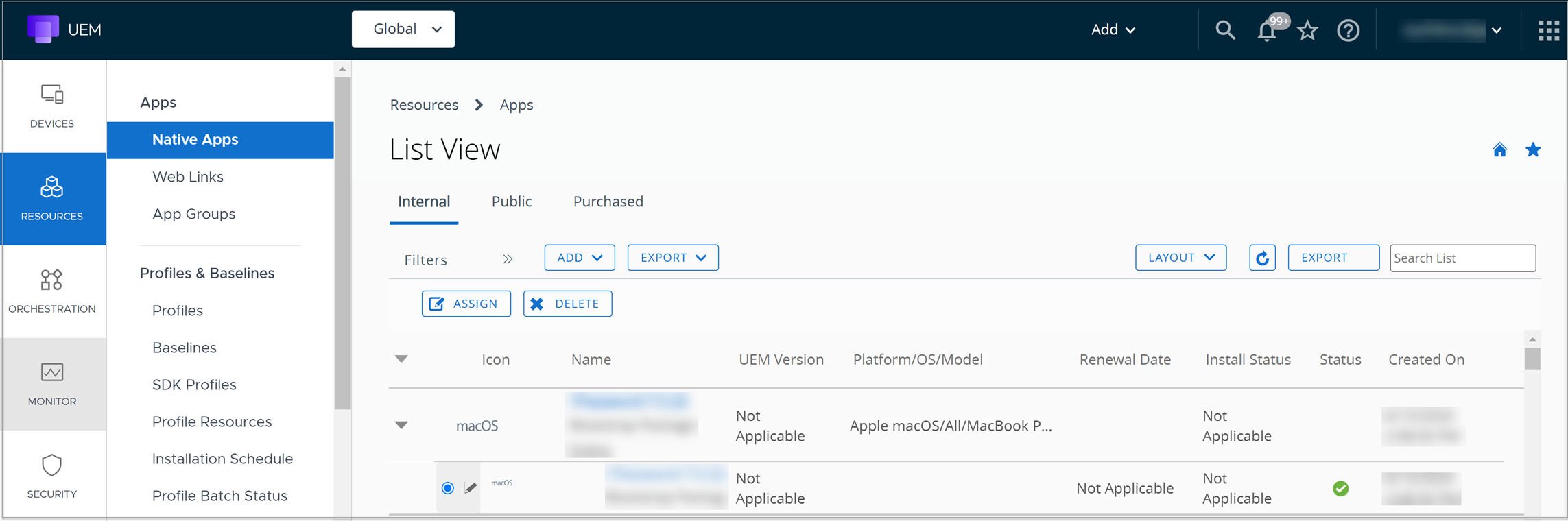 Assign from the actions menu for a selected application is shown on the console.