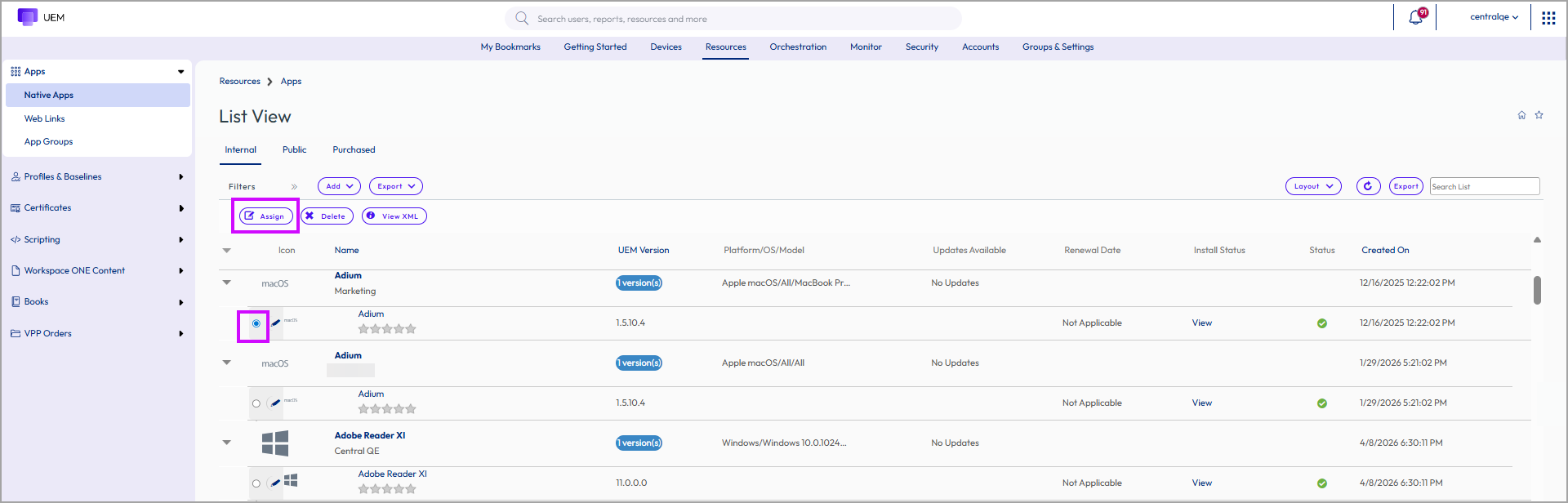 Assign from the actions menu for a selected application is shown on the console.