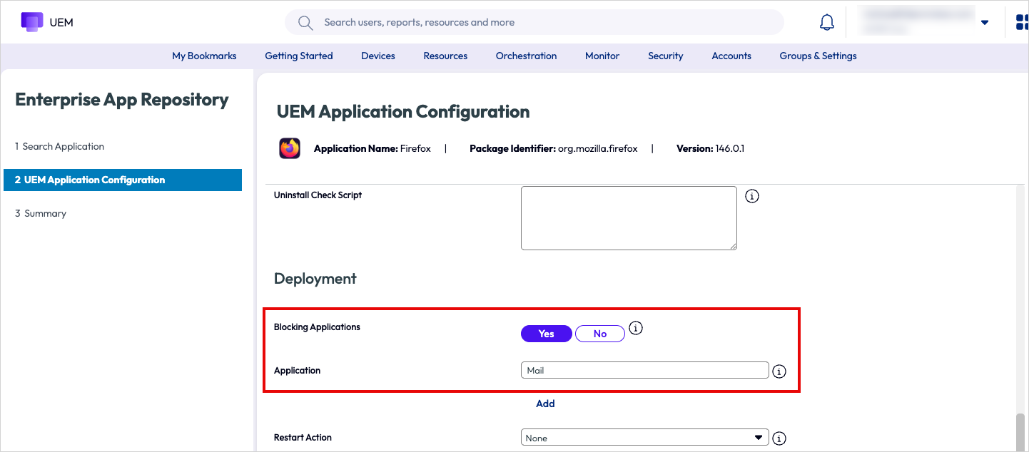 This screenshot shows the option for configuring apps that would block the installation of an app from the macOS Enterprise App Repository.