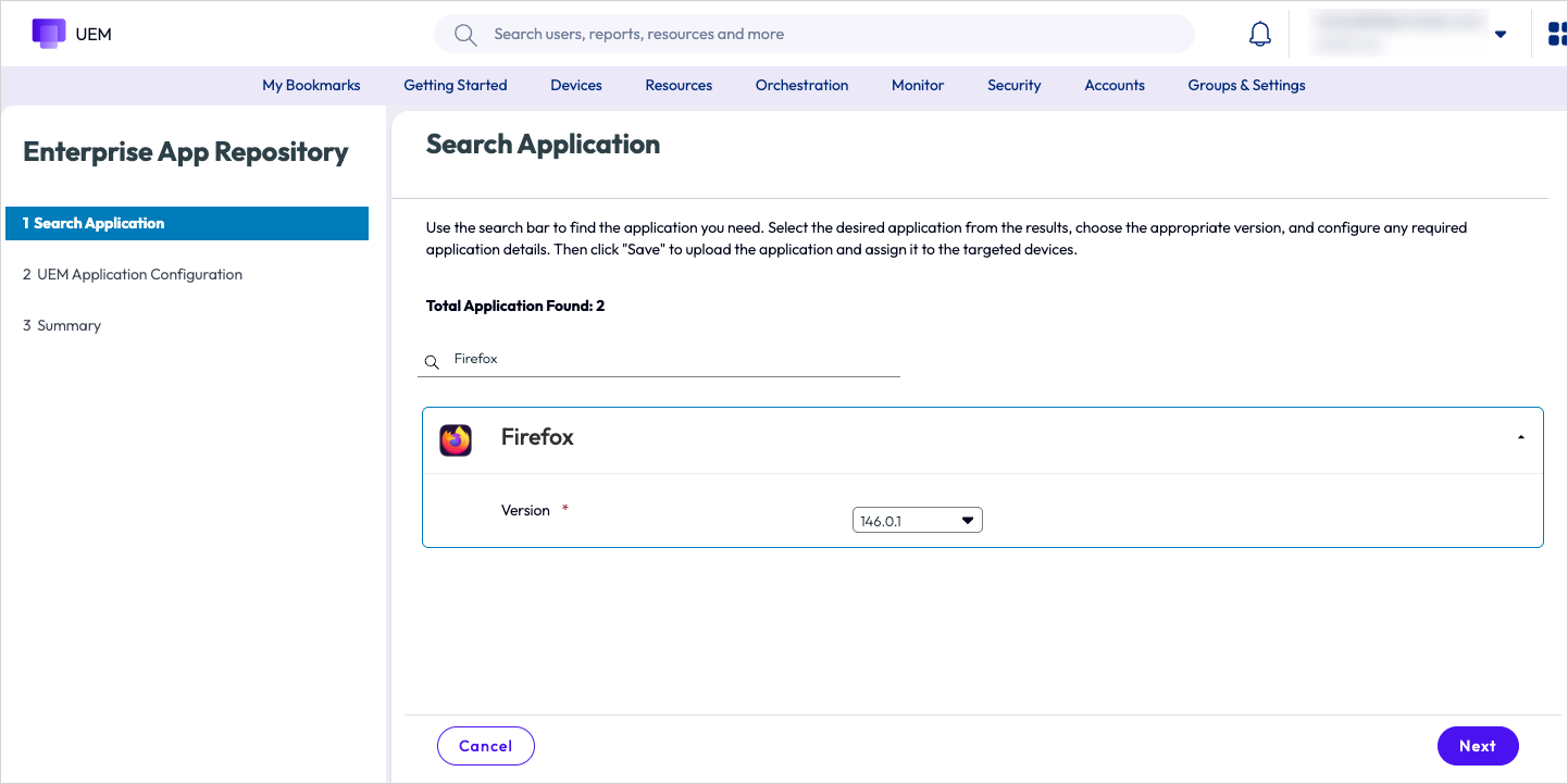 This screenshot shows the search window for searching the macOS Enterprise App Repository for apps.