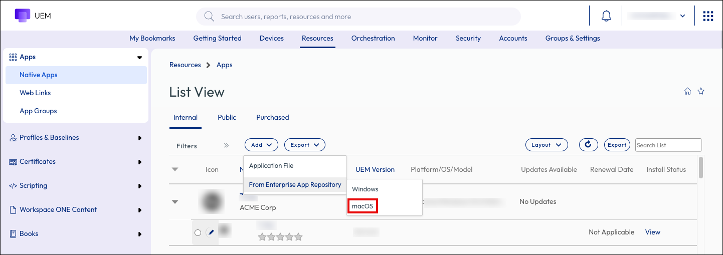 This screenshot shows the Add app menu for the macOS Enterprise App Repository, which is how you add an app from the Enterprise App Repository.