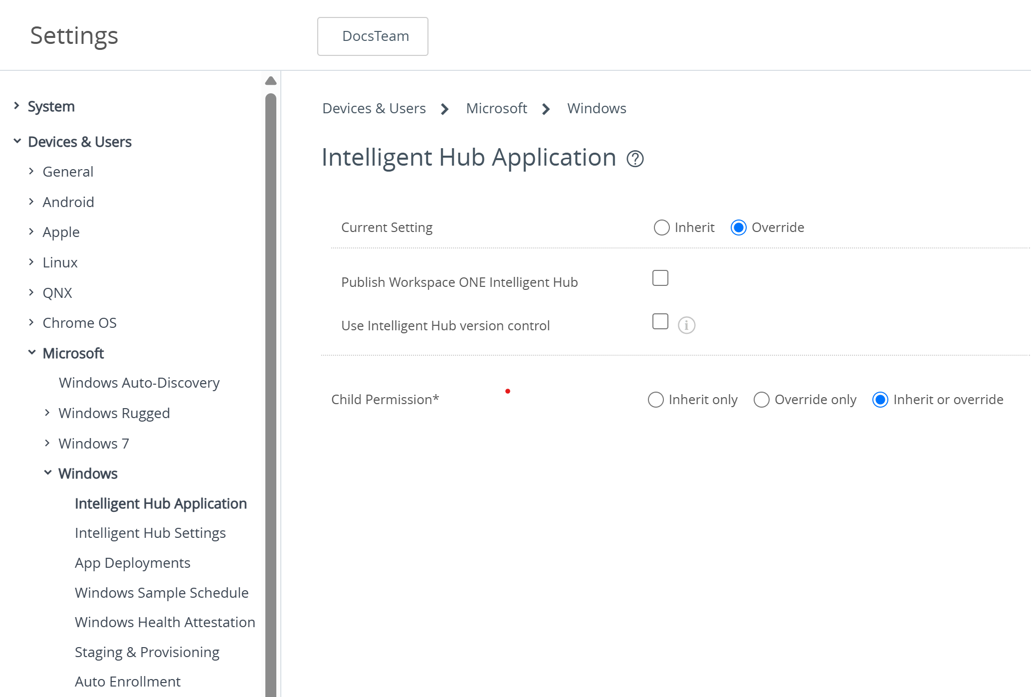 This screenshot shows the Intelligent Hub Application page
