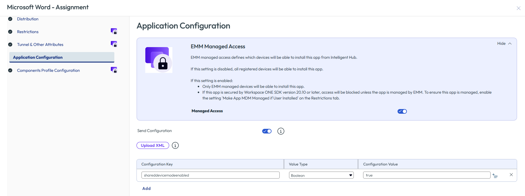 Application configuration showing the options Application configuration showing the options