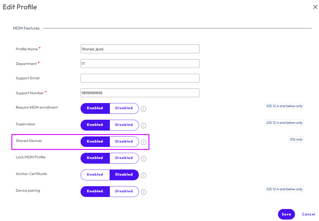 This screenshot shows the system setting for Devices & Users > Apple > DEP, which allows you to enable enrollment profiles for shared devices. This screenshot shows the system setting for Devices & Users > Apple > DEP, which allows you to enable enrollment profiles for shared devices.