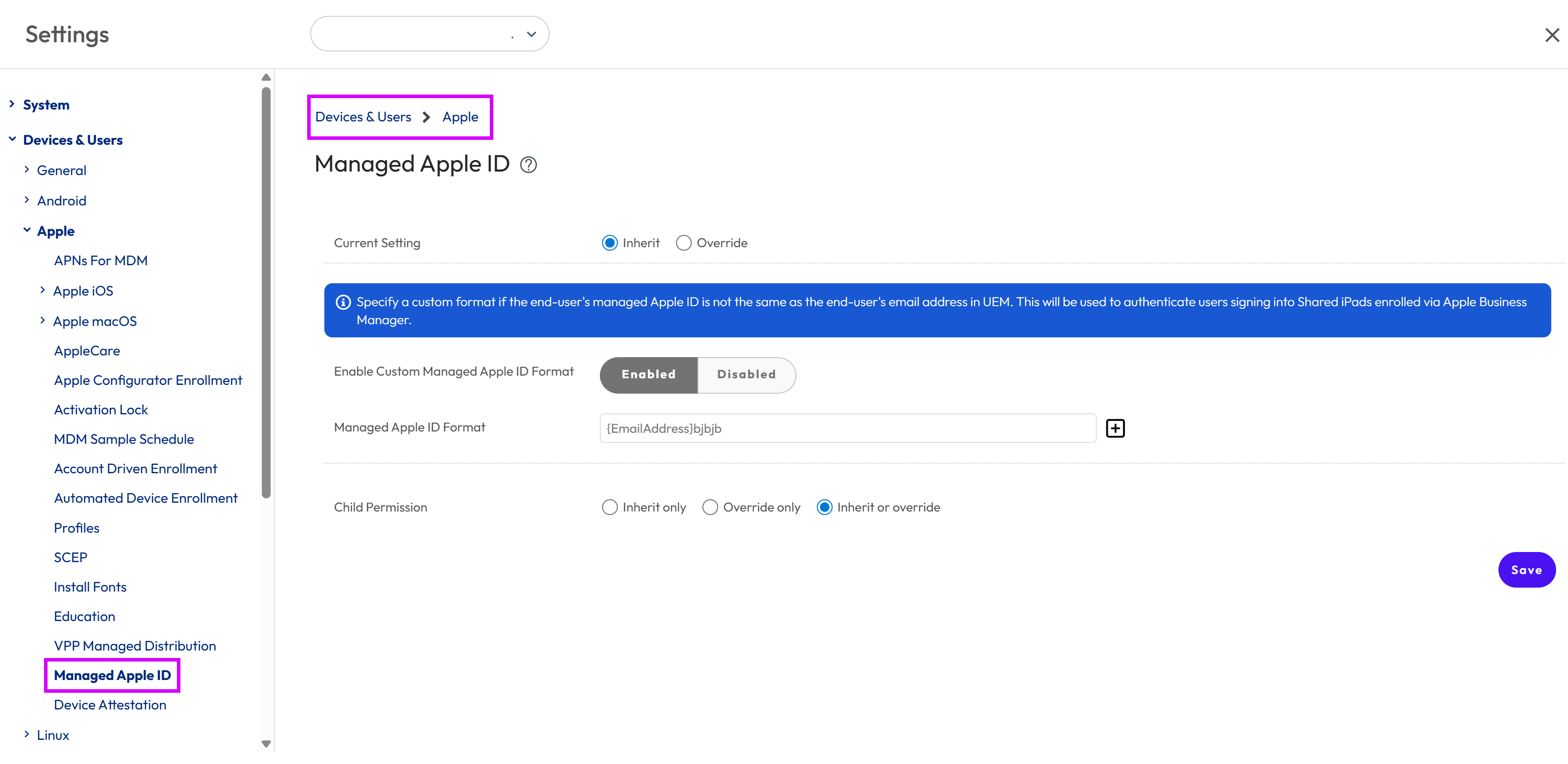 This screenshot shows the system settings for Managed Apple ID at Devices & Users > Apple > Managed Apple ID. This screen allows you to configure authentication with Apple Business Manager. This screenshot shows the system settings for Managed Apple ID at Devices & Users > Apple > Managed Apple ID. This screen allows you to configure authentication with Apple Business Manager.