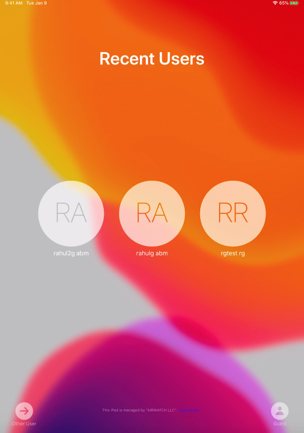 This screenshot shows the Recent Users screen on a shared iPad. This screenshot shows the Recent Users screen on a shared iPad.