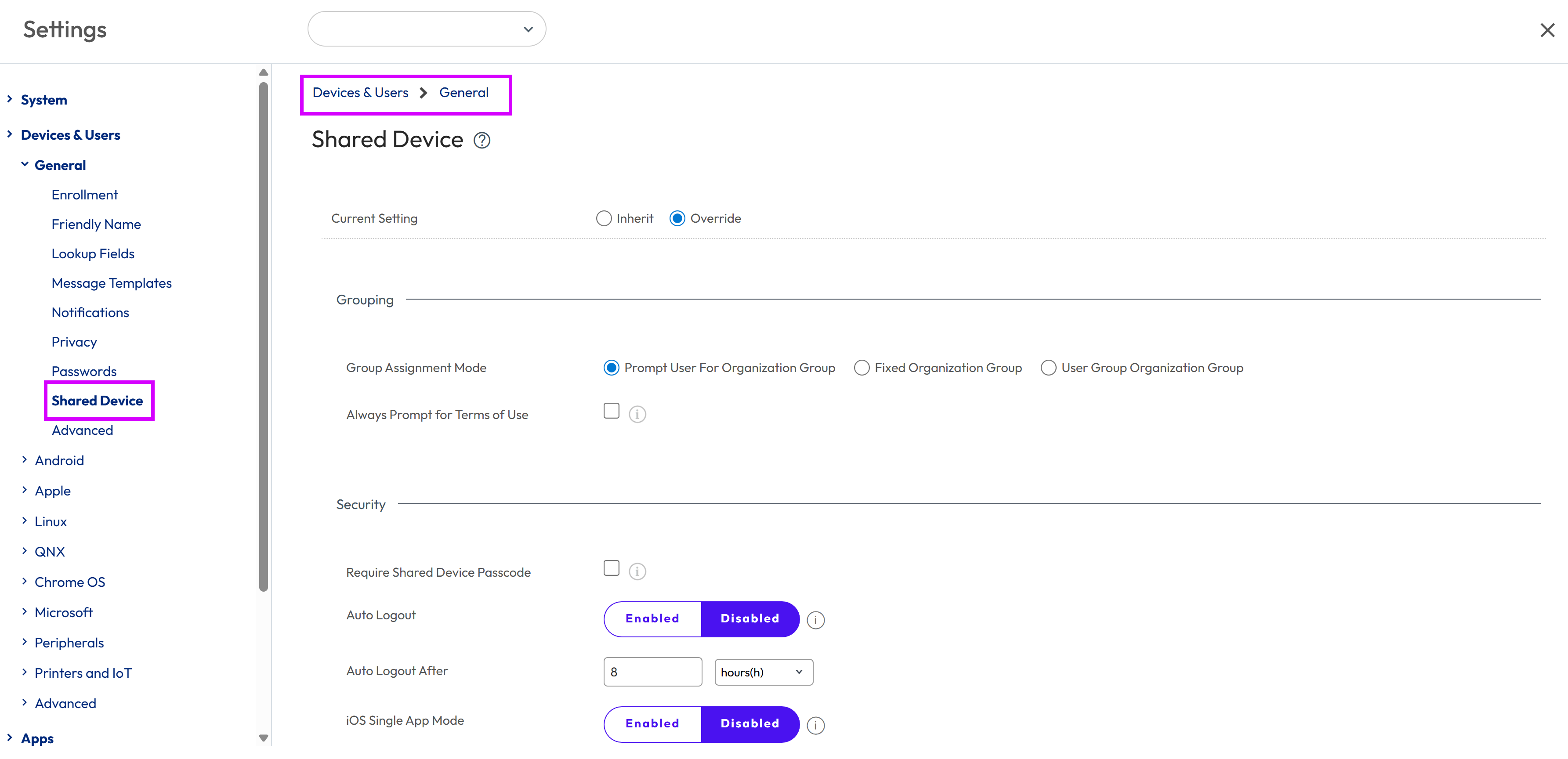 This screenshot shows the system settings for Devices & Users > General > Shared Device, which allows you to configure how devices in your fleet are to be shared. This screenshot shows the system settings for Devices & Users > General > Shared Device, which allows you to configure how devices in your fleet are to be shared.