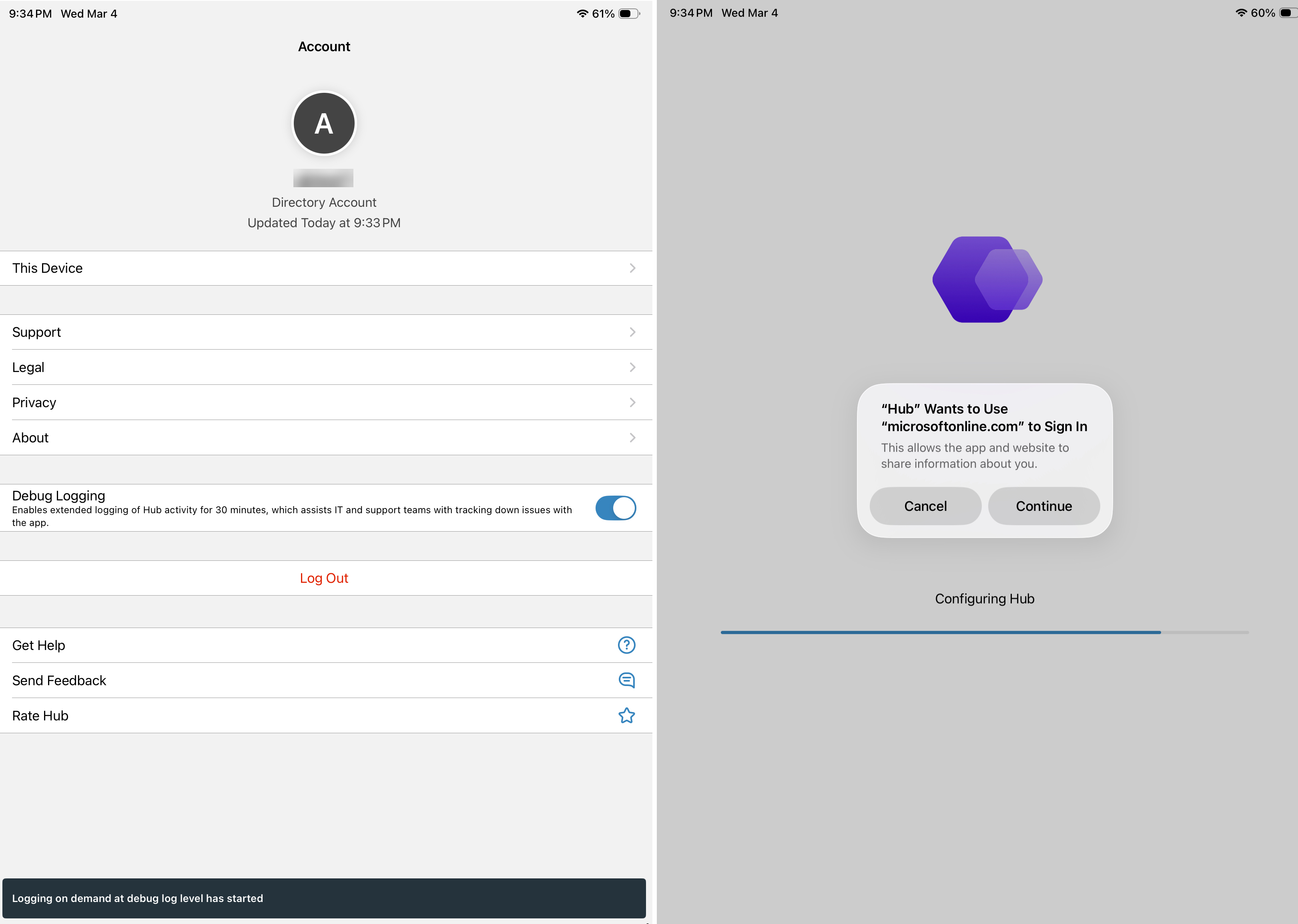 Two mobile app screens showing the Hub app's Account settings page with a Log Out button and debug logging enabled on the left, and a sign-in permission dialog requesting access to microsoftonline.com with a 'Configuring Hub' progress indicator on the right Two mobile app screens showing the Hub app's Account settings page with a Log Out button and debug logging enabled on the left, and a sign-in permission dialog requesting access to microsoftonline.com with a 'Configuring Hub' progress indicator on the right