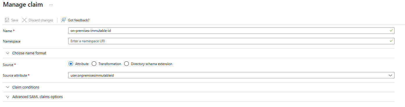 Manage claim configuration form showing claim name 'on-premises-immutable-id' with source attribute 'user.onpremisesimmutableid' selected Manage claim configuration form showing claim name 'on-premises-immutable-id' with source attribute 'user.onpremisesimmutableid' selected