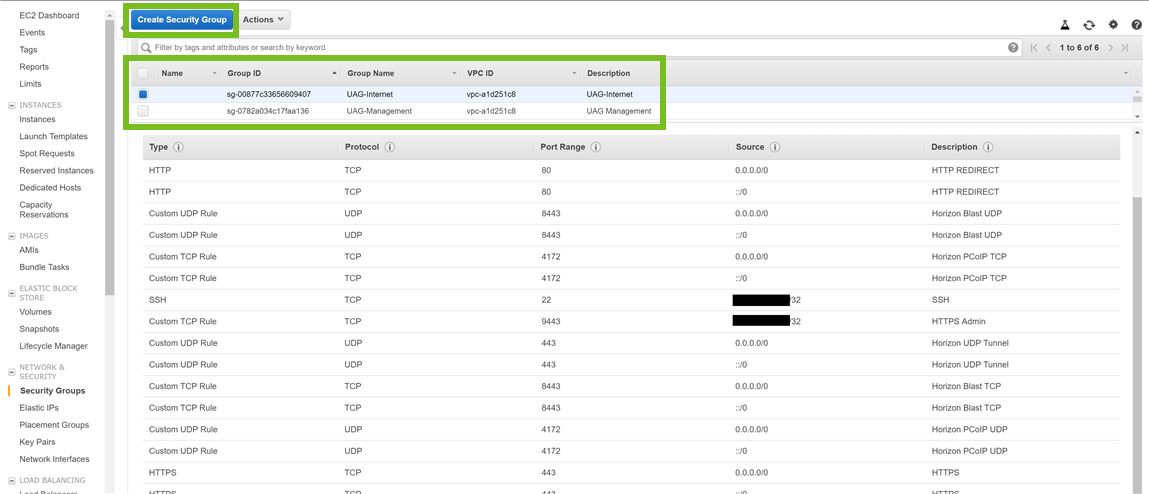 Use AWS admin console to create security group in the Network and Security settings for restricting TCP and UDP port access using firewall rules
