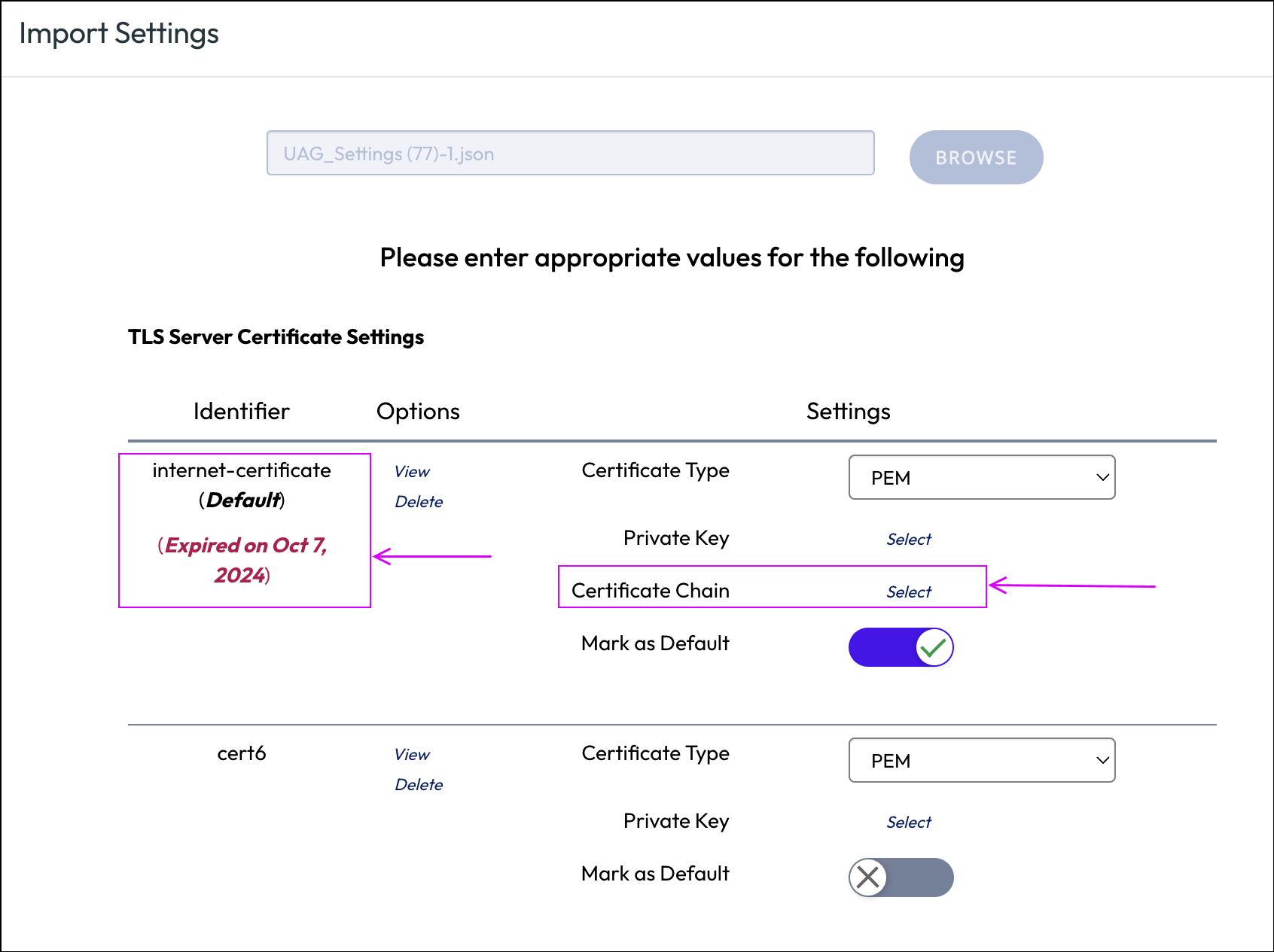 Import Json with multi-cert in UAG