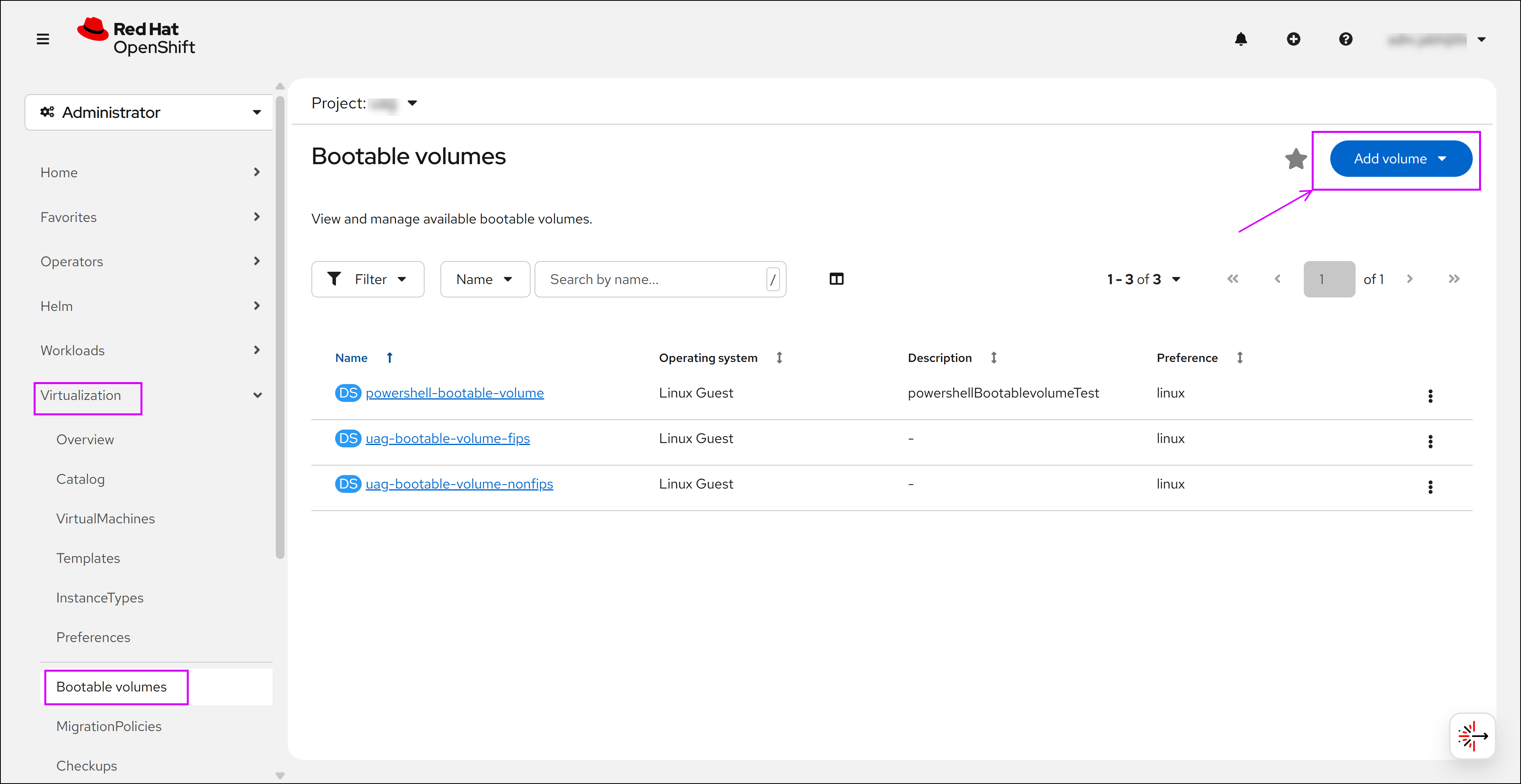 OpenShift Web Console to create bootable volumes for UAG