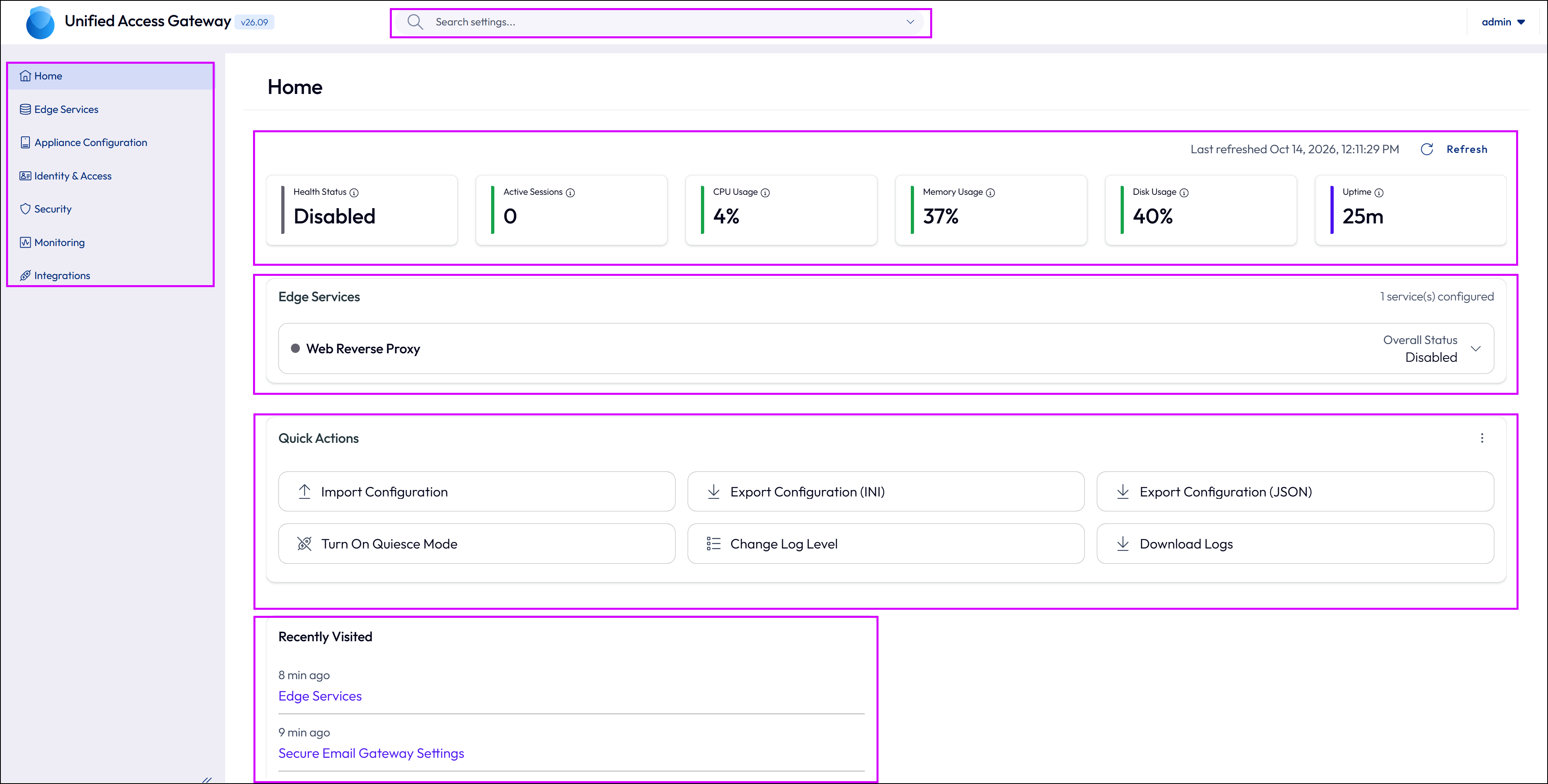 Admin UI Home page showing the left navigation pane, search bar, health
statistics, Edge Services card, Quick Actions card, and Recently Visited card