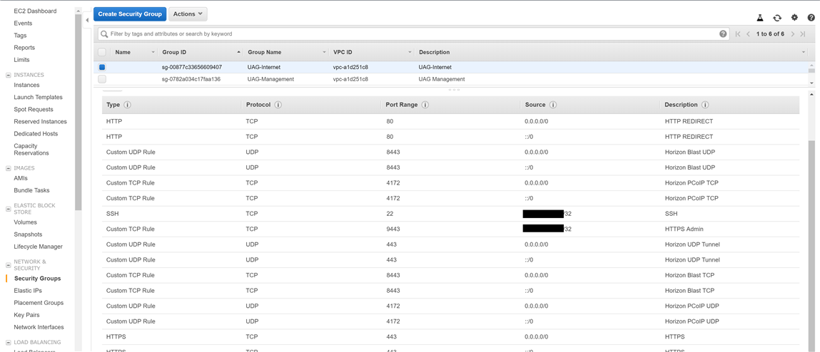 Use AWS admin console to create security group in the Network and Security settings for restricting TCP and UDP port access using firewall rules.
